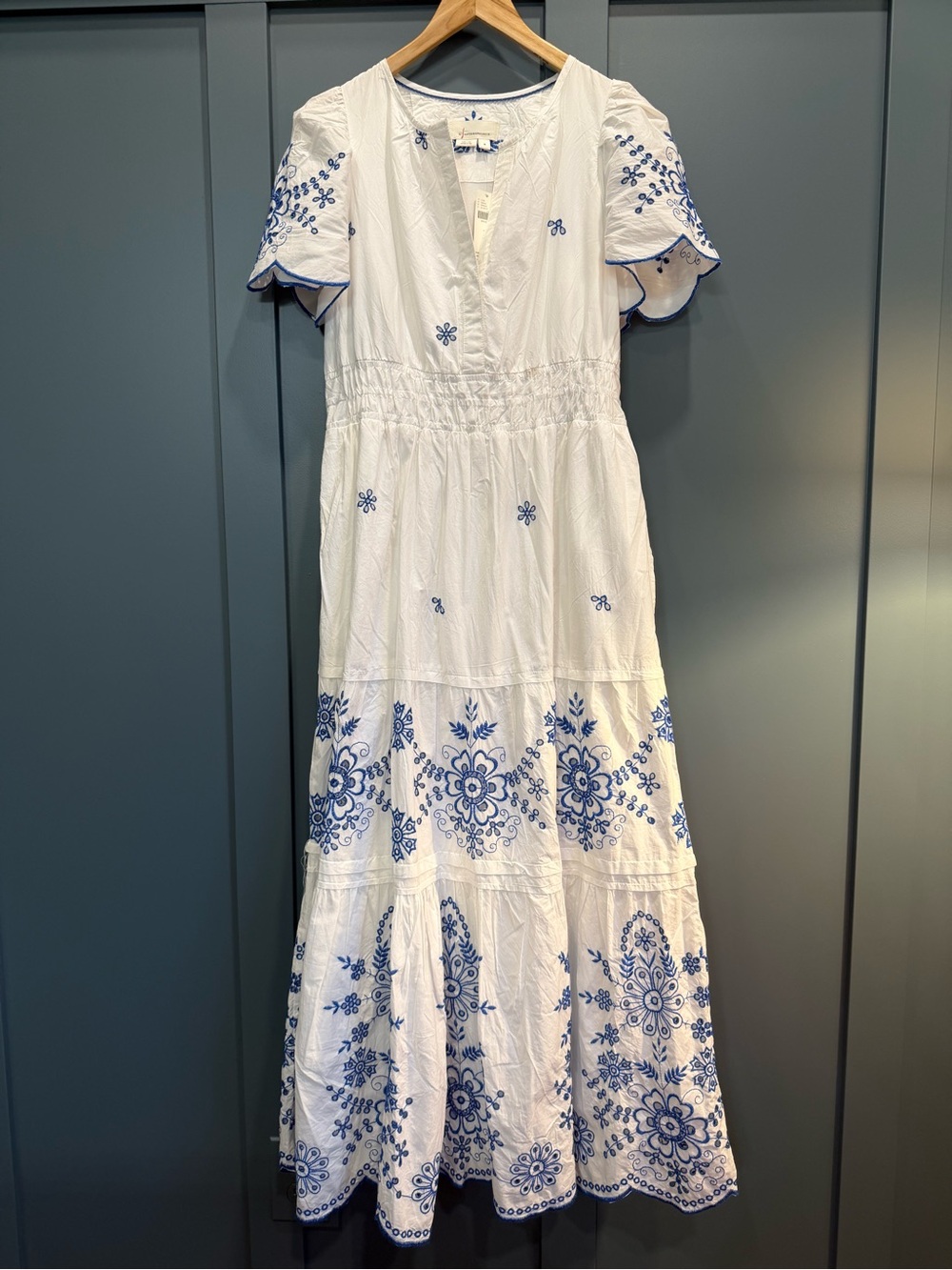 Anthropologie White Maxi Dress with Blue Floral Embroidery